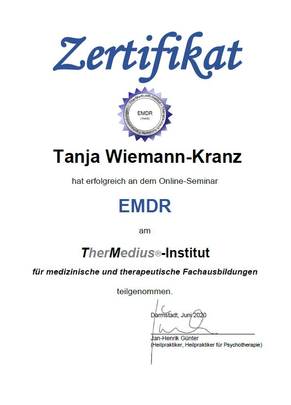 Hier sollten Sie eine Abbildung des Zertifikats über meine Teilnahme am Online-Seminar EMDR sehen können.