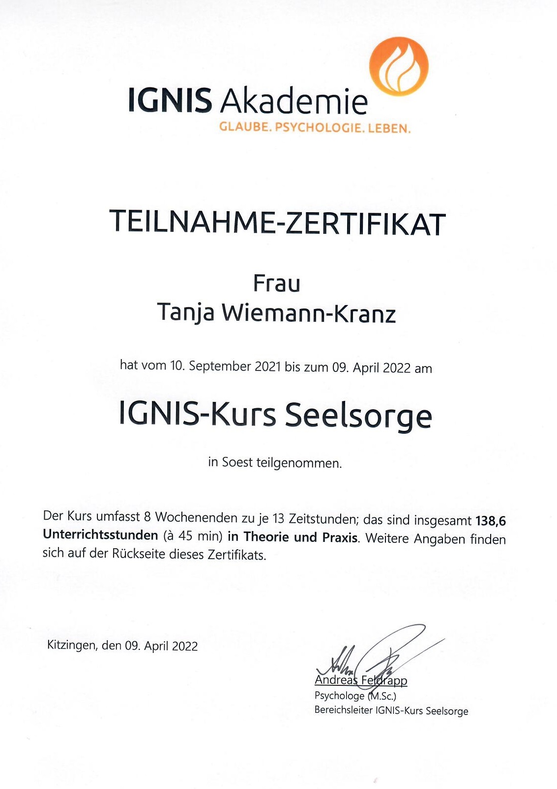 Hier sollten Sie eine Abbildung des Zertifikats über meine Teilnahme am IGNIS-Kurs Seelsorge sehen können.